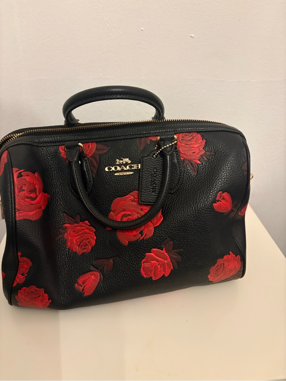 Coach Black Leather Satchel with Red Rose Motif